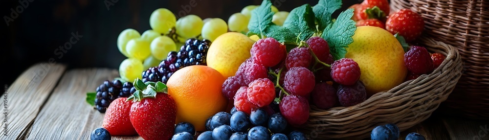 Fresh Fruit Basket with Raspberries, Grapes, and Strawberries - Photo Fresh Fruit Basket with Raspberries, Grapes, and Strawberries - Photo