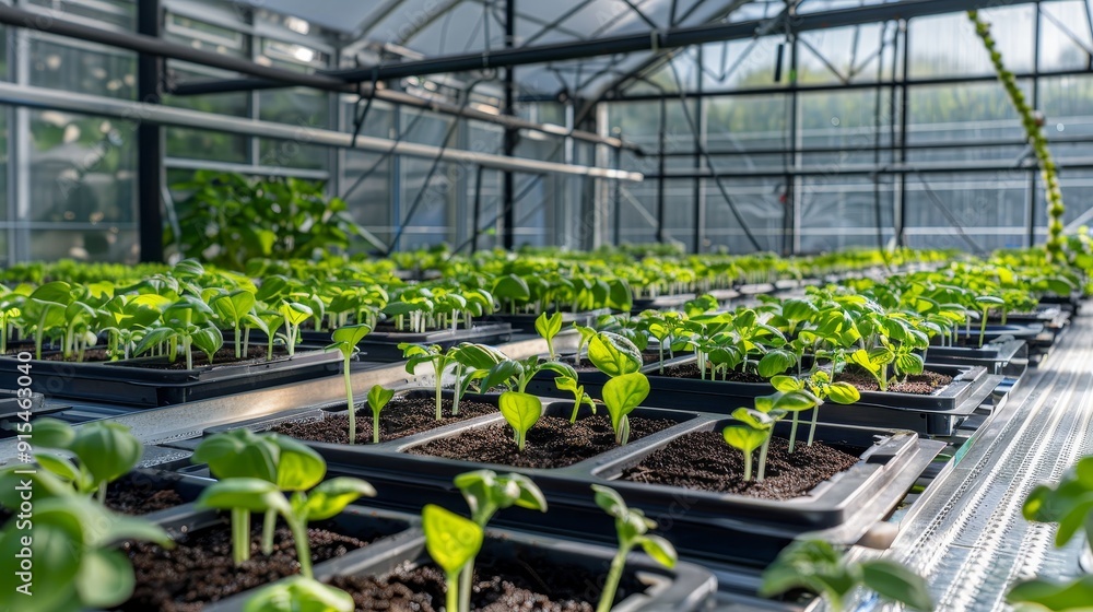 Futuristic High-Tech Greenhouse with Automated Systems Cultivating Sprouting Plants. Futuristic High-Tech Greenhouse with Automated Systems Cultivating Sprouting Plants.