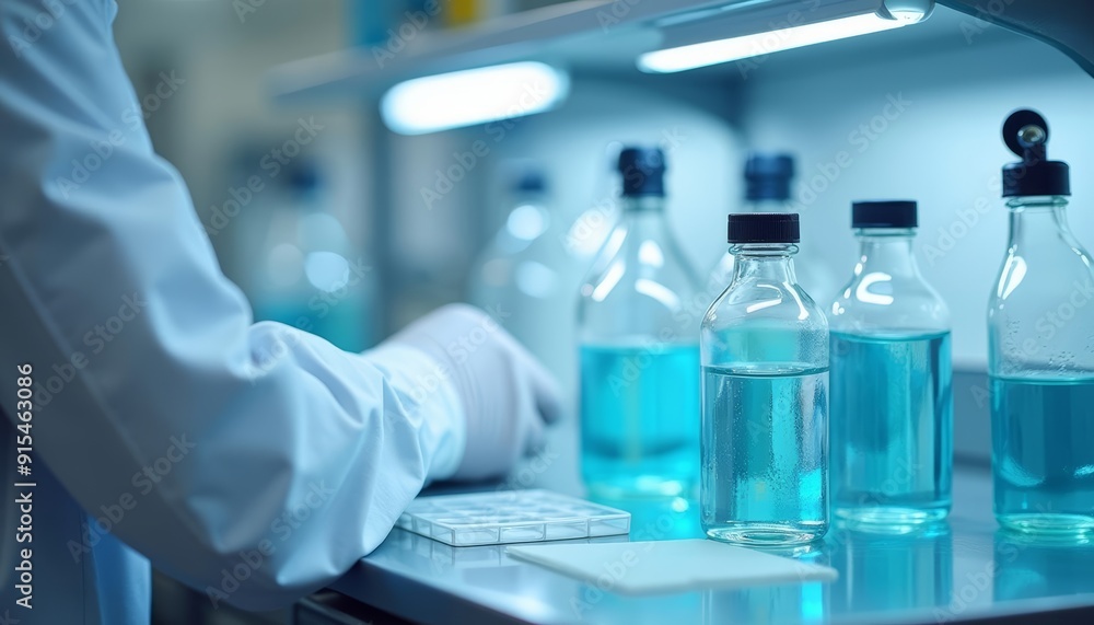 Fototapeta premium Laboratory scientist handling blue liquid in test tubes