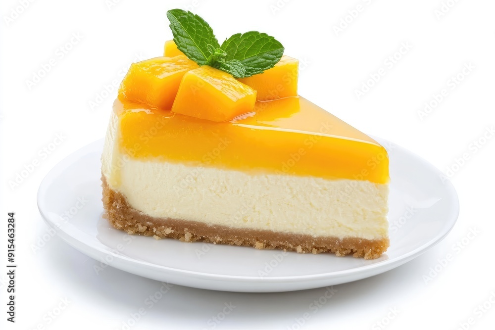 Mango Cheesecake Slice with Mint Garnish on White Plate Mango Cheesecake Slice with Mint Garnish on White Plate