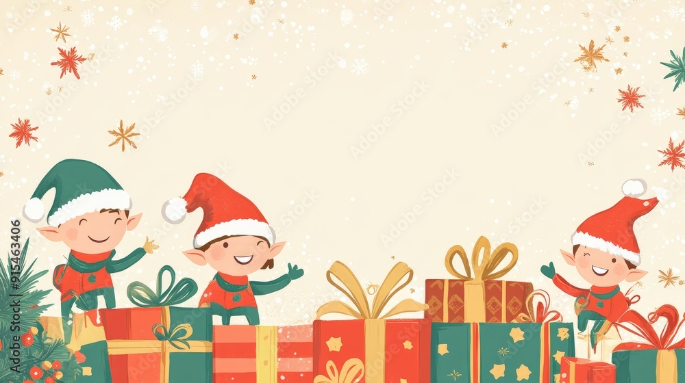 Whimsical Christmas background with smiling elves and wrapped presents, offering a clear area for text. Ideal for festive announcements. Whimsical Christmas background with smiling elves and wrapped presents, offering a clear area for text. Ideal for festive announcements.