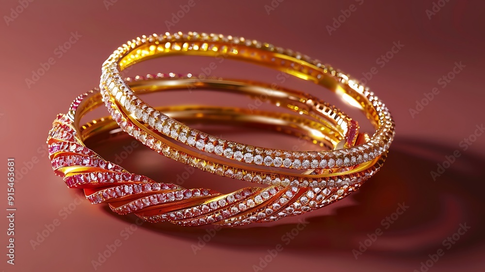 Three bracelets constructed from colored gold and diamonds with maroon background Three bracelets constructed from colored gold and diamonds with maroon background