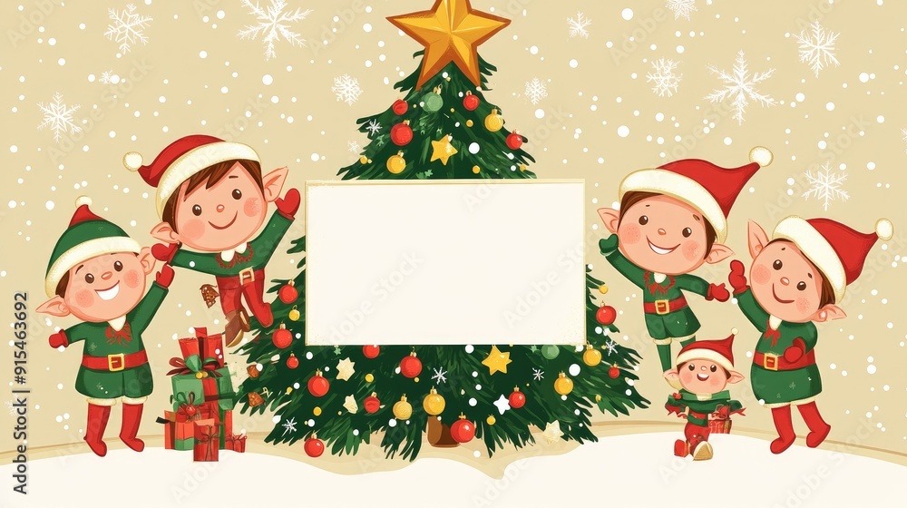 Whimsical Christmas cartoon with smiling elves and a decorated tree, offering a blank area for text. Great for holiday cards. Whimsical Christmas cartoon with smiling elves and a decorated tree, offering a blank area for text. Great for holiday cards.