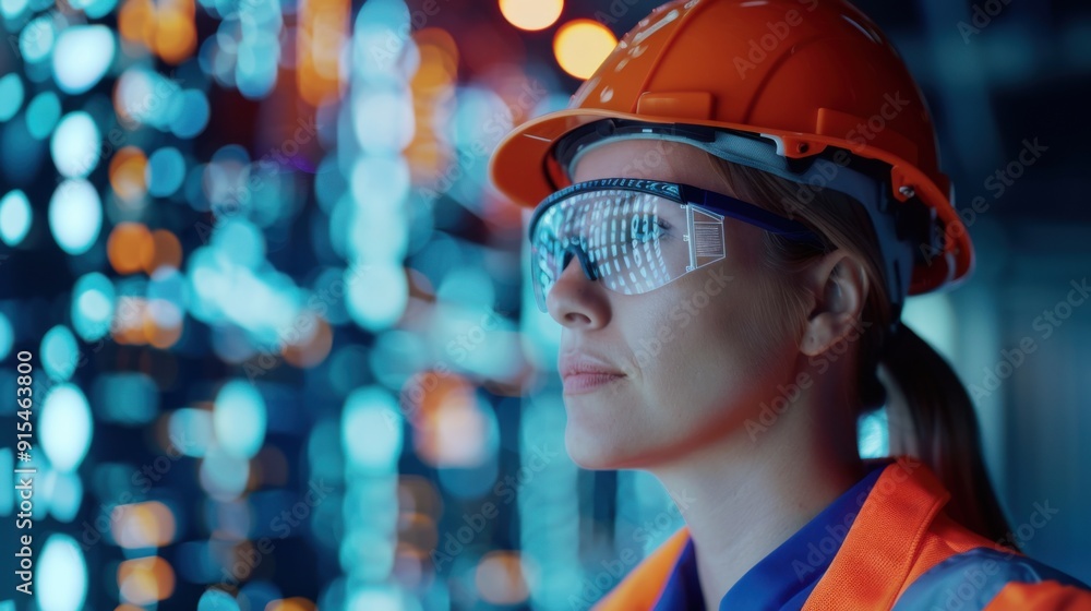 Female Engineer in a Digital World: A woman in a hard hat and safety goggles gazes intently at a wall of glowing digital data, showcasing her expertise and the transformative power of technology Female Engineer in a Digital World: A woman in a hard hat and safety goggles gazes intently at a wall of glowing digital data, showcasing her expertise and the transformative power of technology