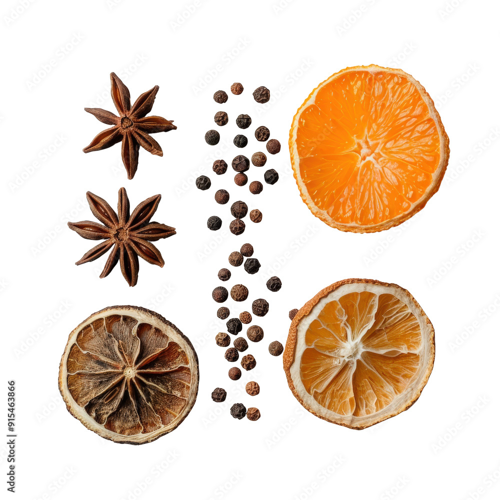 A flat lay of dried orange slices, star anise, and black peppercorns. A flat lay of dried orange slices, star anise, and black peppercorns.