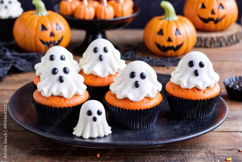 Halloween cupcakes. Cute ghost cupcakes on a plate at Halloween cafe with copy space. Halloween cupcakes. Cute ghost cupcakes on a plate at Halloween cafe with copy space.