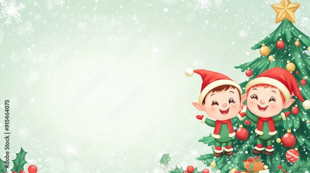 Whimsical Christmas cartoon with smiling elves and a decorated tree, offering a blank area for text. Great for holiday cards. - Whimsical Christmas cartoon with smiling elves and a decorated tree, offering a blank area for text. Great for holiday cards. -