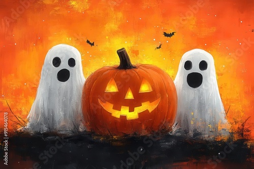 whimsical halloween illustration with playful ghost characters and a grinning jackolantern vibrant orange background creates a festive spookycute atmosphere for the holiday photo