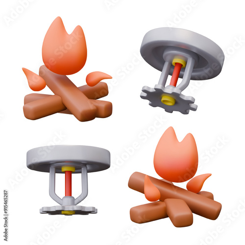 Wooden logs with fire, sprinkler. Campfire and element of automatic fire extinguishing system