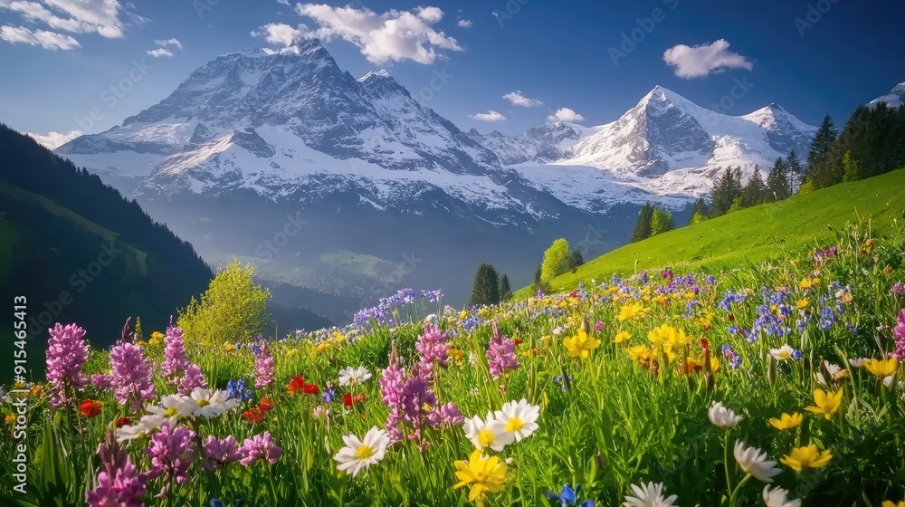 Breathtaking view of the Alps with snow-capped peaks and lush green meadows, dotted with colorful spring flowers. Breathtaking view of the Alps with snow-capped peaks and lush green meadows, dotted with colorful spring flowers.