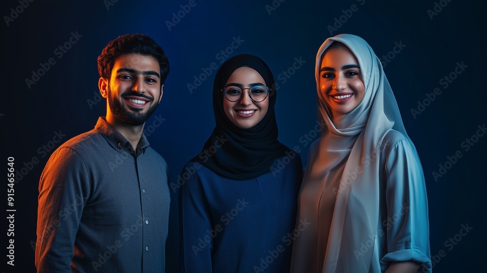 Three friends posing together in a dark studio with colorful lighting at night Three friends posing together in a dark studio with colorful lighting at night