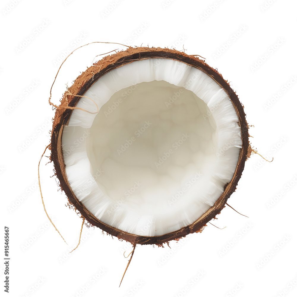 A half coconut shell with white flesh exposed. The coconut is isolated on a black background. A half coconut shell with white flesh exposed. The coconut is isolated on a black background.