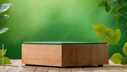 Wooden podium stands against the eco green design background 311 photo