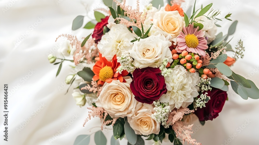Aerial View of Seasonal Flower Bouquet Arranged on White Canvas Aerial View of Seasonal Flower Bouquet Arranged on White Canvas