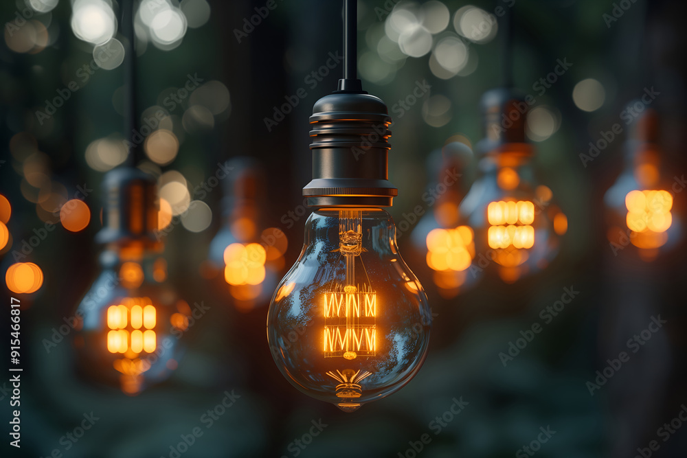 Edison style eco light bulbs glow with warm light outdoor, against background of green trees. Concept of eco friendly lighting and energy conservation Edison style eco light bulbs glow with warm light outdoor, against background of green trees. Concept of eco friendly lighting and energy conservation