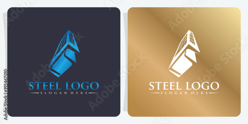 Steel logo vector illustration with building suitable for your business company