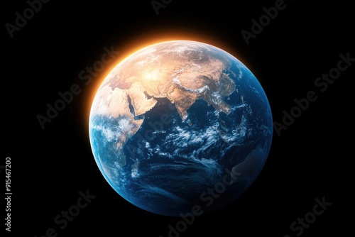 Earth illuminated by dawn from space, isolated on black background, copy space, poster for AD, glowing horizon, precise detail, cosmic light
