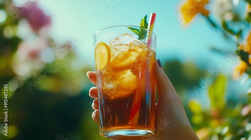 Close Up of Hand Holding Glass of Iced Tea with Lemon and Mint - Photo