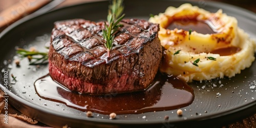 Filet mignon steak served with creamy mashed potatoes and delectable sauce on a plate Close up shot with selective focus