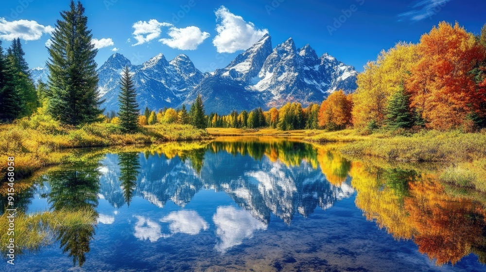 Obraz premium Breathtaking view of the Grand Tetons reflected in a tranquil lake, with clear skies and vibrant surroundings enhancing the scene.