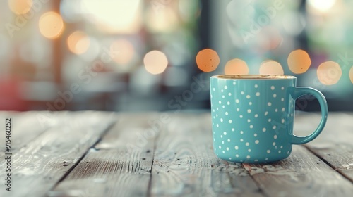 Blue Polka Dot Mug on Wooden Table in Cozy Cafe With Blurred Background