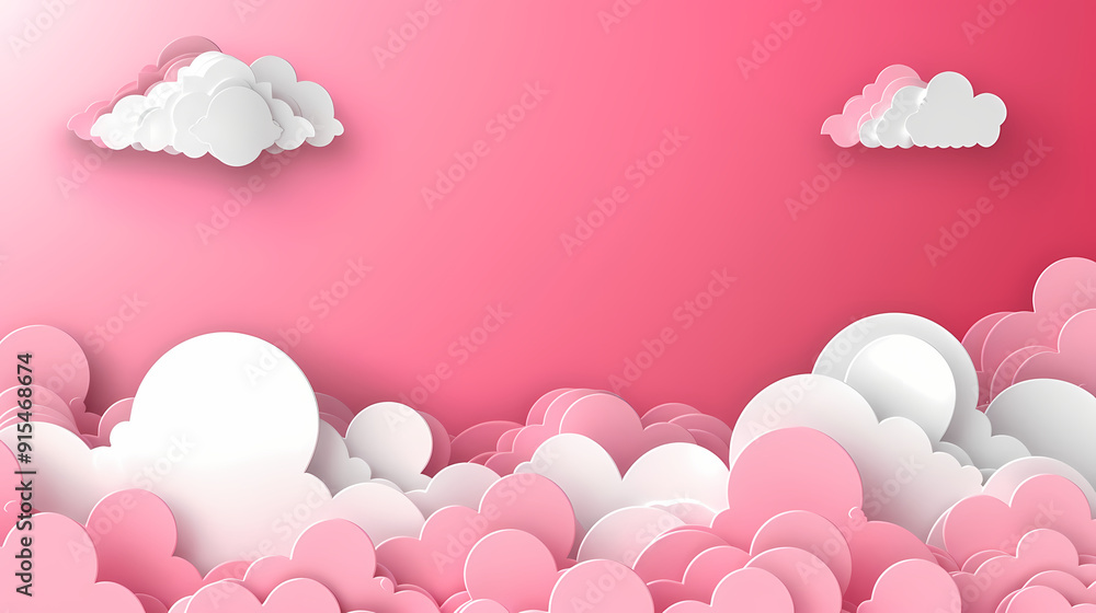 Obraz premium Horizontal banner with pink sky and paper cut clouds
