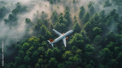 Airplane flying over a dense forest shrouded in mist during early morning hours photo