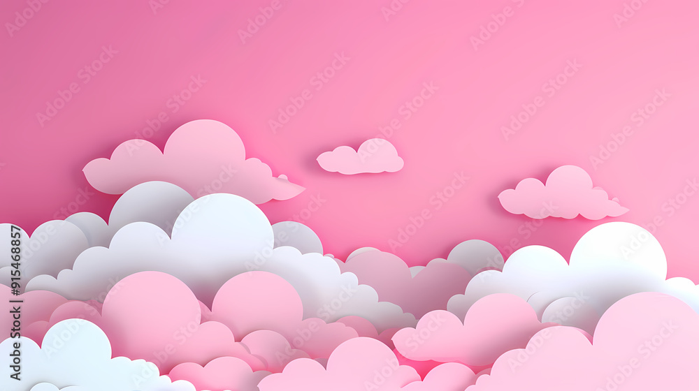 Fototapeta premium Horizontal banner with pink sky and paper cut clouds