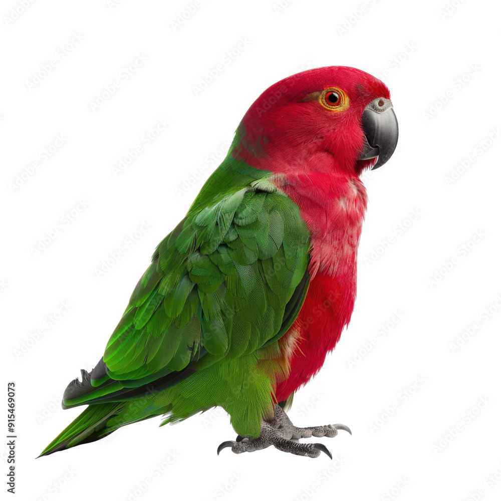 A vibrant red and green parrot with a black beak and yellow eyes, isolated on a black background. The parrot is looking to the right of the frame. A vibrant red and green parrot with a black beak and yellow eyes, isolated on a black background. The parrot is looking to the right of the frame.