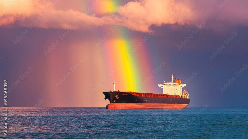 A cargo ship with a vibrant rainbow in the sky, symbolizing hope and optimism in global trade. A cargo ship with a vibrant rainbow in the sky, symbolizing hope and optimism in global trade.