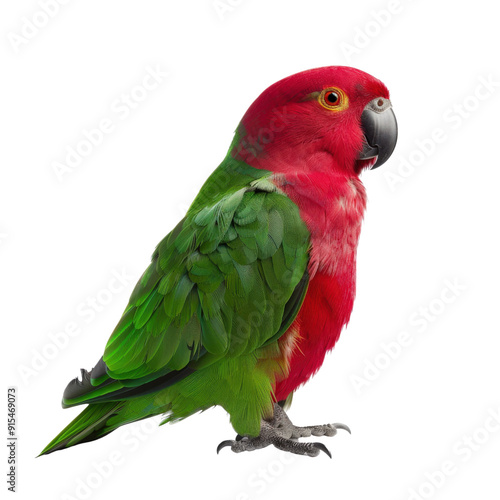 A vibrant red and green parrot with a black beak and yellow eyes, isolated on a black background. The parrot is looking to the right of the frame.