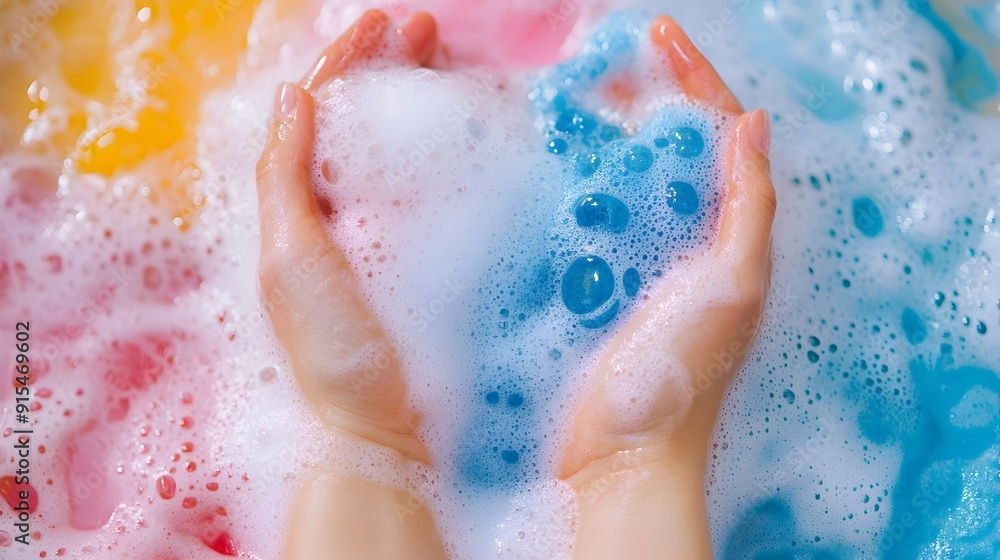 Fototapeta premium Lathered Hands Immersed in Vibrant Foamy Shampoo for a Relaxing Beauty Routine