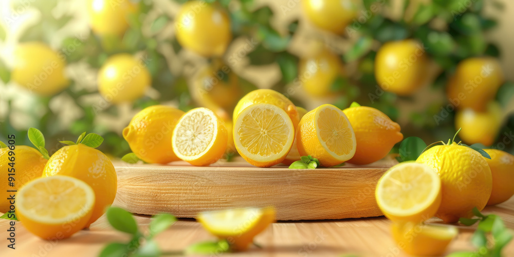 Fresh whole and sliced lemons with green leaves on wooden surface, surrounded by blurred lemon trees in background. Bright and juicy citrus fruits in sunlit outdoor garden. Ai generation Fresh whole and sliced lemons with green leaves on wooden surface, surrounded by blurred lemon trees in background. Bright and juicy citrus fruits in sunlit outdoor garden. Ai generation
