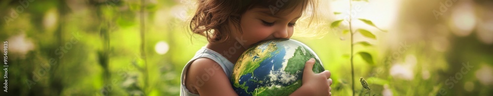 Tender Embrace of the Globe: A Child's Innocent Cradle of Earth in a Serene Natural Setting, Symbolizing Love for the Planet and Environmental Awareness Tender Embrace of the Globe: A Child's Innocent Cradle of Earth in a Serene Natural Setting, Symbolizing Love for the Planet and Environmental Awareness