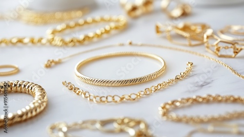 A collection of gold bracelets and necklaces on a white marble background, highlighting their elegance and purity. Great for jewelry advertisements.