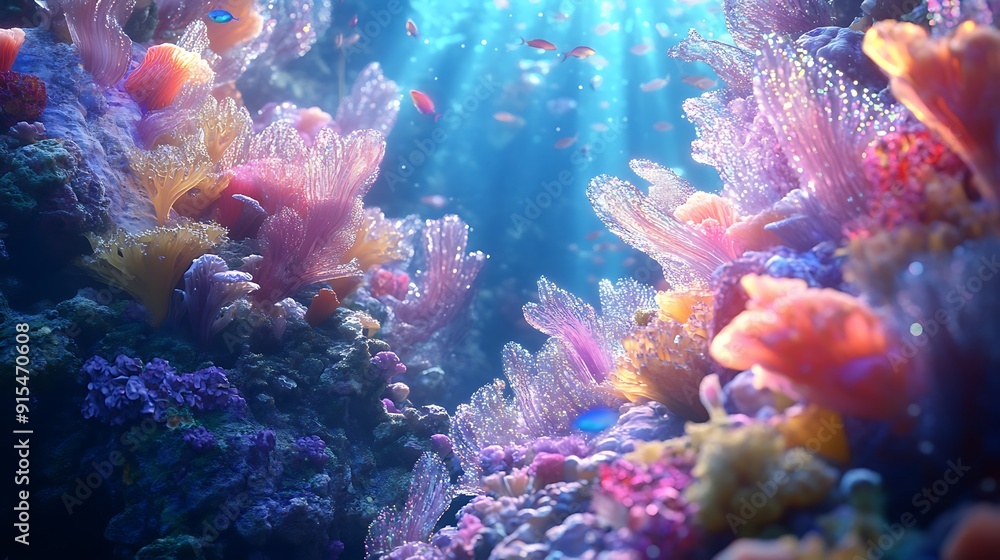 Fototapeta premium Vibrant Coral Reef with Sunlight and Fish