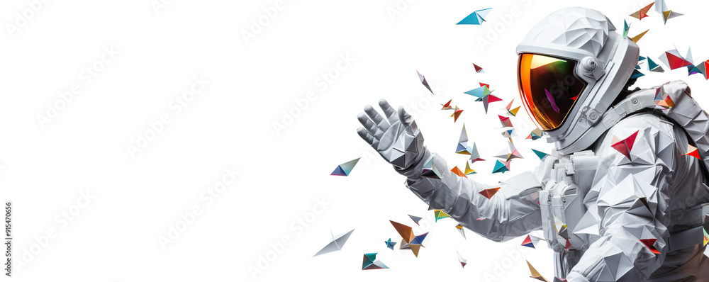 An astronaut in a white suit surrounded by colorful geometric shapes on a bright background An astronaut in a white suit surrounded by colorful geometric shapes on a bright background