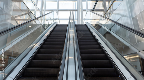 A pair of escalators in a building. The escalators are tall and extend from the bottom of the building to the top. The escalators are made of glass and metal, giving them a modern and sleek appearance