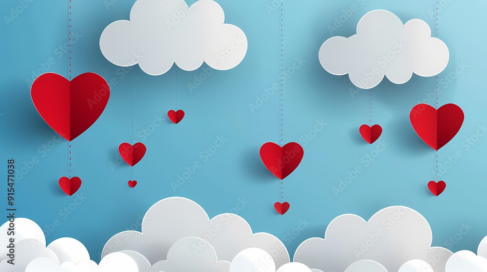 Valentines day background. Happy valentines day greeting. Paper cut clouds with hanging hearts. Vector illustration. Valentines day background. Happy valentines day greeting. Paper cut clouds with hanging hearts. Vector illustration.