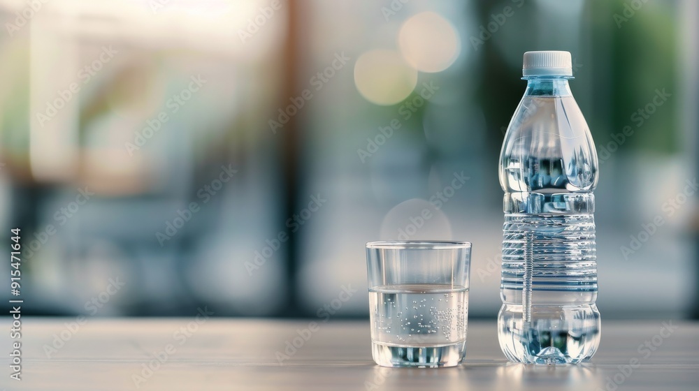 Clear Glass of Water Next to Plastic Bottle on Table With Blurred Background at Cafe Clear Glass of Water Next to Plastic Bottle on Table With Blurred Background at Cafe