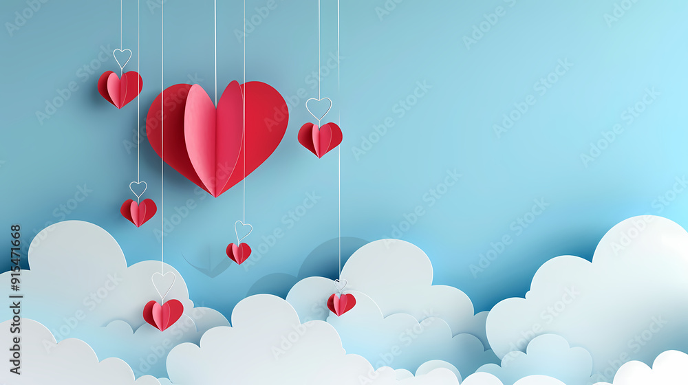Valentines day background. Happy valentines day greeting. Paper cut clouds with hanging hearts. Vector illustration. Valentines day background. Happy valentines day greeting. Paper cut clouds with hanging hearts. Vector illustration.