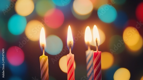 Close-up of Glowing Birthday Candles with Vibrant Bokeh Lights in Celebratory Background