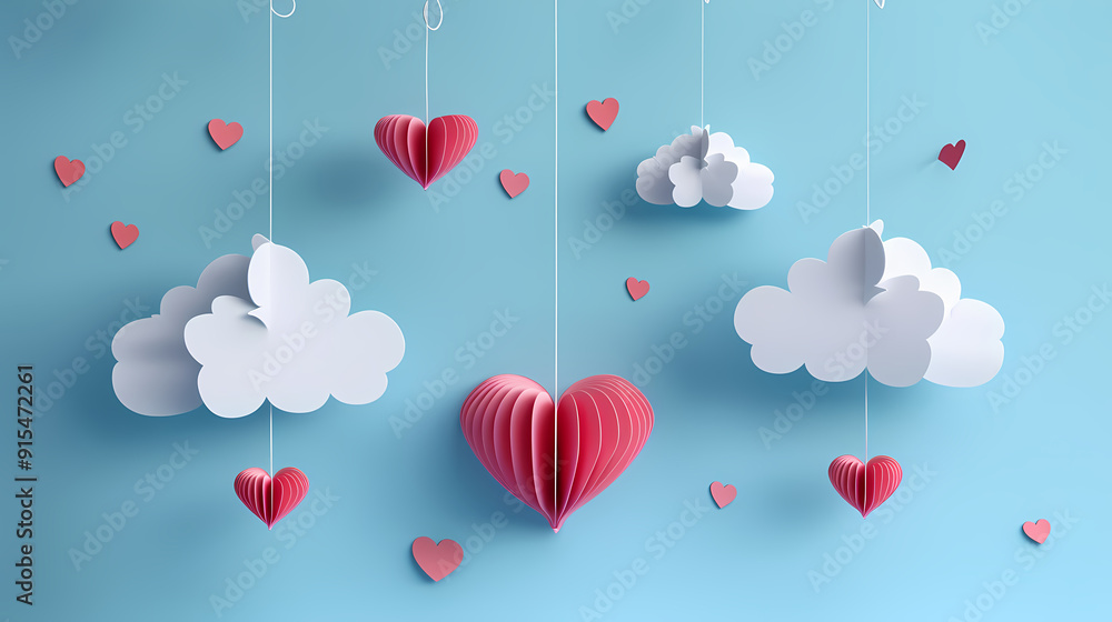 Valentines day background. Happy valentines day greeting. Paper cut clouds with hanging hearts. Vector illustration. Valentines day background. Happy valentines day greeting. Paper cut clouds with hanging hearts. Vector illustration.