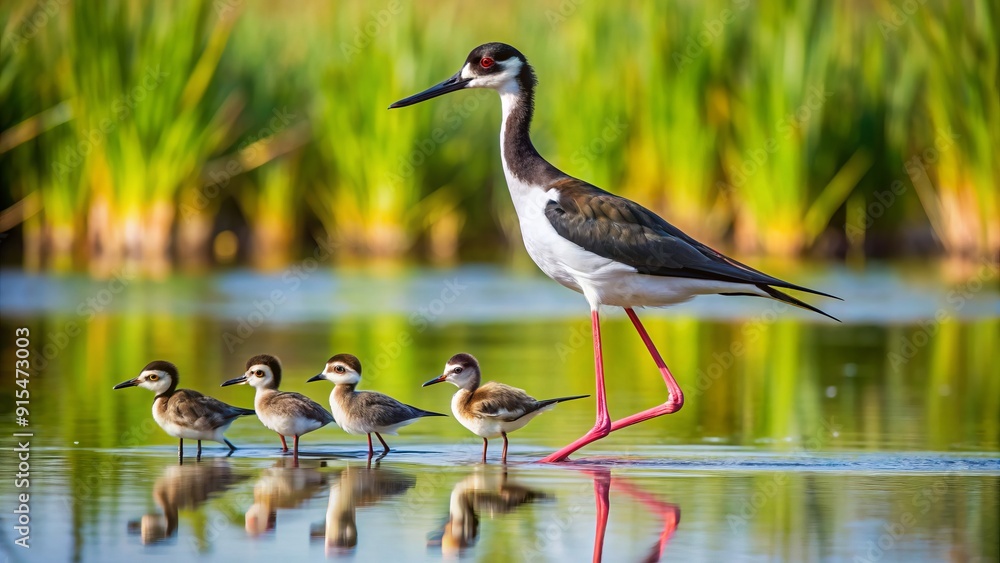 Obraz premium A long-legged black-necked stilt wades through shallow water, vigilantly watching over its chicks as they scurry around, amidst a serene natural wetland landscape.