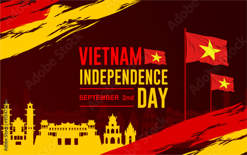 elegant brush background of Vietnam Independence Day greeting. Vietnam Independence Day Illustration on 02 September 1945. design with landmarks and vietnam flag.