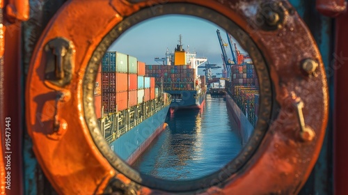 A container ship viewed through the porthole of another vessel, offering a unique perspective on maritime transport.