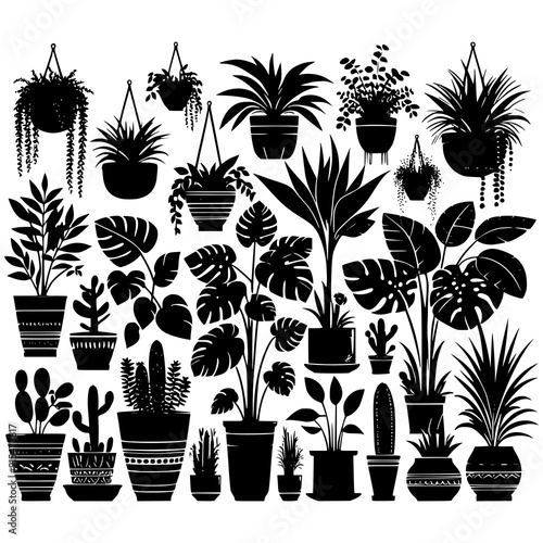 A black and white vector illustration featuring an assortment of potted houseplants and cacti in silhouette form. Perfect for botanical themes, indoor garden designs, and minimalist decor projects.