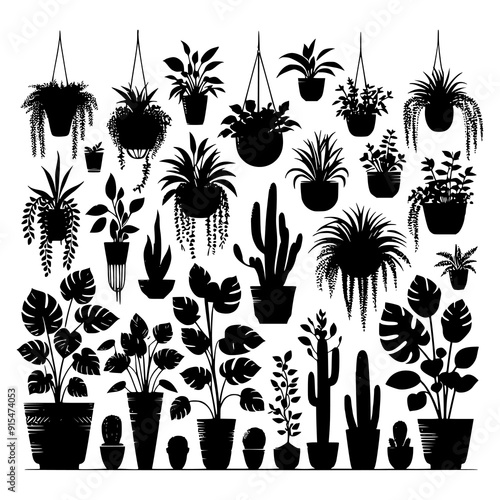 A black and white vector illustration featuring an assortment of potted houseplants and cacti in silhouette form. Perfect for botanical themes, indoor garden designs, and minimalist decor projects.