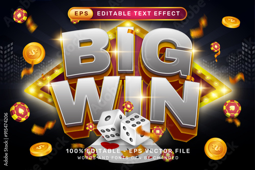 big win 3d text effect and editable text effect with a black background and gambling illustrations