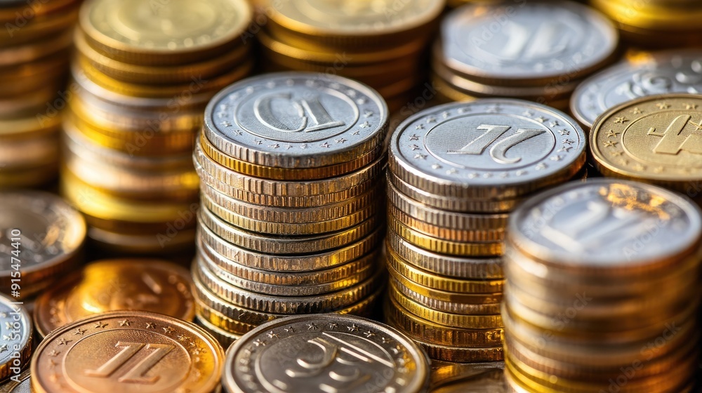 Close-up of Euro coins in various stacks, representing saving and wealth accumulation Close-up of Euro coins in various stacks, representing saving and wealth accumulation